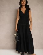 j&x Rochie Neagră din Viscoză Decorată cu Motiv Croșetat Mevelta