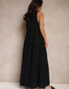 j&x Rochie Neagră din Viscoză Decorată cu Motiv Croșetat Mevelta