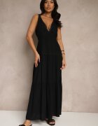 j&x Rochie Neagră din Viscoză Decorată cu Motiv Croșetat Mevelta