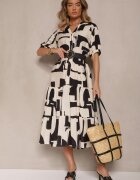 j&x Rochie Neagră din Viscoză Decorată cu Motiv Geometic Filorea