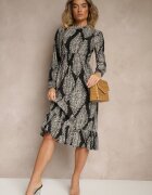 j&x Rochie Neagră Evazată cu Imprimeu Etnic cu Elastic în Talie și Volan Napirea