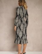 j&x Rochie Neagră Evazată cu Imprimeu Etnic cu Elastic în Talie și Volan Napirea