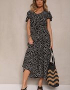 j&x Rochie Neagră Evazată din Bumbac și cu Motiv Geometic Mevelaia