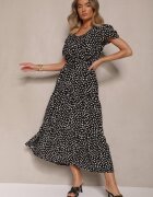 j&x Rochie Neagră Evazată din Bumbac și cu Motiv Geometic Mevelaia