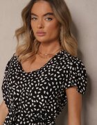 j&x Rochie Neagră Evazată din Bumbac și cu Motiv Geometic Mevelaia