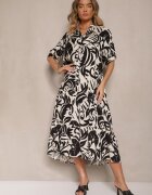 j&x Rochie Neagră Evazată din Viscoză Decorată cu Volan Filesenia