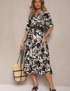 j&x Rochie Neagră Evazată din Viscoză Decorată cu Volan Filesenia
