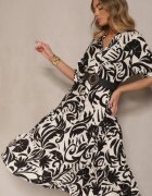j&x Rochie Neagră Evazată din Viscoză Decorată cu Volan Filesenia