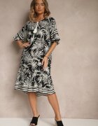 j&x Rochie Neagră fason cutie Decorată cu imprimeu vegetal și legătură la decolteu Miranissa