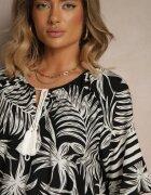 j&x Rochie Neagră fason cutie Decorată cu imprimeu vegetal și legătură la decolteu Miranissa