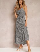 j&x Rochie Neagră Florală Maxi cu Bretele Reglabile cu Cordon din Material Phoebilu