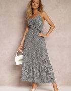 j&x Rochie Neagră Florală Maxi cu Bretele Reglabile cu Cordon din Material Phoebilu