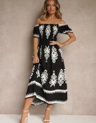 j&x Rochie Neagră Spaniolă Decorată cu Imprimeu Etnic Aralette