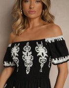 j&x Rochie Neagră Spaniolă Decorată cu Imprimeu Etnic Aralette