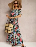 j&x Rochie Negru-Roșu de Viscoză cu Croi Evazat cu Curea în Talie și Imprimeu Floral Rosubia