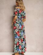 j&x Rochie Negru-Roșu de Viscoză cu Croi Evazat cu Curea în Talie și Imprimeu Floral Rosubia