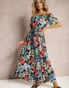 j&x Rochie Negru-Roșu de Viscoză cu Croi Evazat cu Curea în Talie și Imprimeu Floral Rosubia