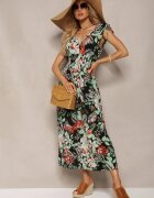 j&x Rochie Negru-Verde Florală cu elastic în talie și decolteu triunghiular Vialessia