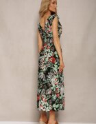 j&x Rochie Negru-Verde Florală cu elastic în talie și decolteu triunghiular Vialessia