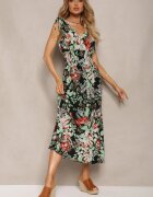 j&x Rochie Negru-Verde Florală cu elastic în talie și decolteu triunghiular Vialessia
