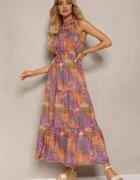 j&x Rochie Portocalie-Roz stil Boho cu elastic în talie și legătură decorativă Piofara