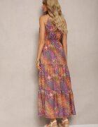 j&x Rochie Portocalie-Roz stil Boho cu elastic în talie și legătură decorativă Piofara