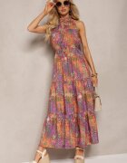 j&x Rochie Portocalie-Roz stil Boho cu elastic în talie și legătură decorativă Piofara