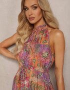 j&x Rochie Portocalie-Roz stil Boho cu elastic în talie și legătură decorativă Piofara