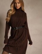 j&x Rochie Pulover Maro cu Guler Înalt din Lână și Bumbac cu Tricotaj Decorativ Reilenea