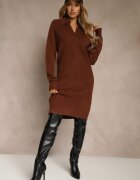 j&x Rochie pulover Maro din bumbac și lână decorată cu fermoar Reinda