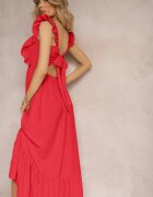 j&x Rochie Roșie cu Legătură la Spate cu Bretele cu Volane și Elastic în Talie Rollas
