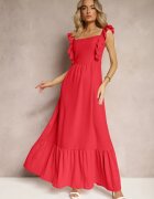 j&x Rochie Roșie cu Legătură la Spate cu Bretele cu Volane și Elastic în Talie Rollas