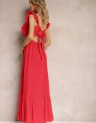 j&x Rochie Roșie cu Legătură la Spate cu Bretele cu Volane și Elastic în Talie Rollas