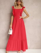 j&x Rochie Roșie cu Legătură la Spate cu Bretele cu Volane și Elastic în Talie Rollas
