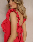 j&x Rochie Roșie cu Legătură la Spate cu Bretele cu Volane și Elastic în Talie Rollas
