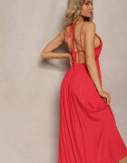 j&x Rochie Roșie din Viscoză cu Croială Evazată Legată la Gât și Spate Grines