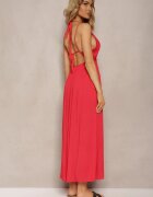 j&x Rochie Roșie din Viscoză cu Croială Evazată Legată la Gât și Spate Grines