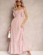 j&x Rochie Roz cu Legătură la Spate pe Bretele cu Volane și Elastic în Talie Rollas