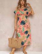 j&x Rochie Roz din Viscoză cu Flori și Elastic în Talie Timnita
