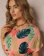 j&x Rochie Roz din Viscoză cu Flori și Elastic în Talie Timnita