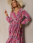 j&x Rochie Roz închis Plisată cu Decolteu petrecut și Model Paisley Olanetta