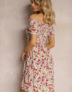 j&x Rochie Spaniolă Alb și Roz din Viscoză cu Imprimeu Floral cu Elastic în Talie Silemia
