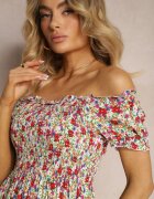 j&x Rochie Spaniolă Alb și Roz din Viscoză cu Imprimeu Floral cu Elastic în Talie Silemia