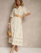 j&x Rochie tip cămașă Bej din bumbac cu curea împletită Sariene