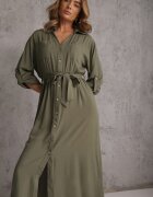 j&x Rochie tip cămașă Verde din bumbac cu cordon legat și mâneci rulate Cesela
