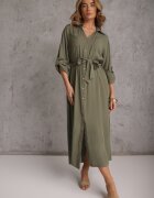 j&x Rochie tip cămașă Verde din bumbac cu cordon legat și mâneci rulate Cesela