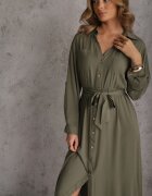 j&x Rochie tip cămașă Verde din bumbac cu cordon legat și mâneci rulate Cesela