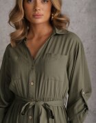 j&x Rochie tip cămașă Verde din bumbac cu cordon legat și mâneci rulate Cesela