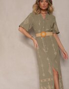 j&x Rochie tip cămașă Verde închis din bumbac cu curea împletită Sariene