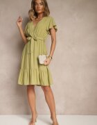 j&x Rochie Tip Plic Verde din Viscoză Decorată cu Curea Lanestea